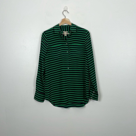 J Crew Silk Womens 2 Long Sleeve Striped Pullover 1/2 Button 2 Pockets Tunic Top - Picture 1 of 8